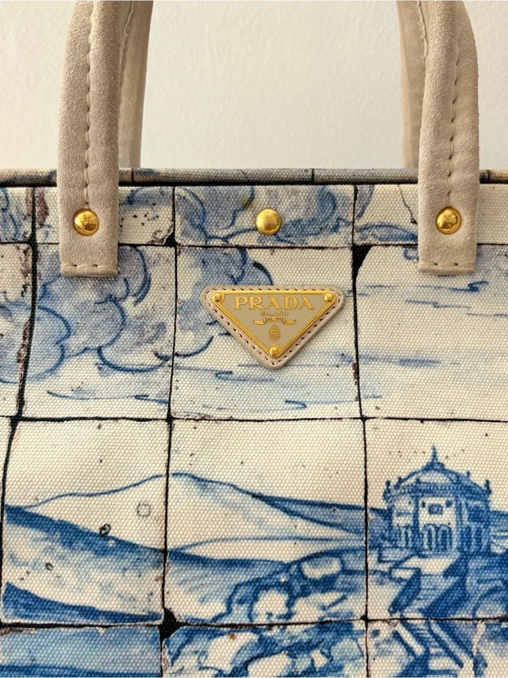 Prada Blue and White Scenic Satchel with Cream Handles
